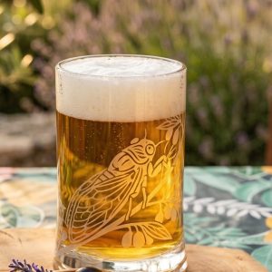 Choppe à bière gravée hornée d'un motif cigale reposant sur une branche d'olivier
