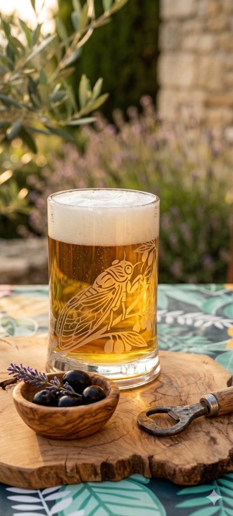 Choppe à bière gravée hornée d'un motif cigale reposant sur une branche d'olivier