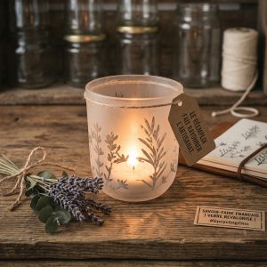 Verre en verre, pouvant aussi être utilisé comme photophore. Gravée avec des motifs herbes aromatiques, personnalisable