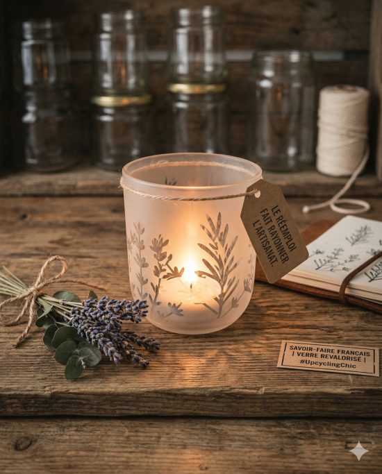 Verre en verre, pouvant aussi être utilisé comme photophore. Gravée avec des motifs herbes aromatiques, personnalisable