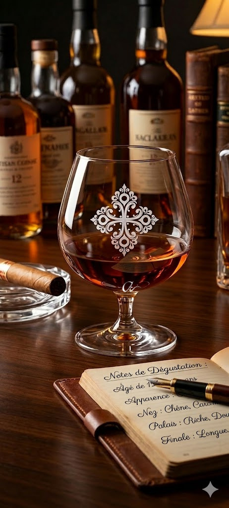 Verre à spiritueux issu de la collection Club d'Amateurs. Idéale pour révélé les arômes d'un breuvage de qualité. A été gravé d'une croix stylisée